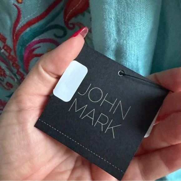 NWT John Mark Floral Embroidered Split V-Neck 3/4 Sleeve Frayed Tassel Tie Tunic - Picture 6 of 8